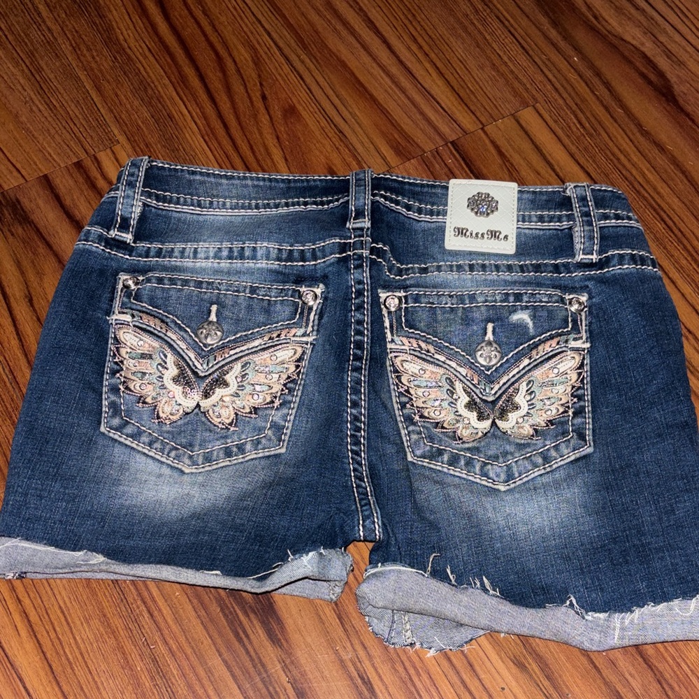 Miss Me Dark Blue Denim Shorts with Embellished Butterfly Pockets
